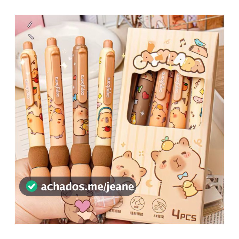 4 Canetas Gel Apagável Capivara Click Conforto c/ Espuma Macia  Papelaria Fofa Kawaii