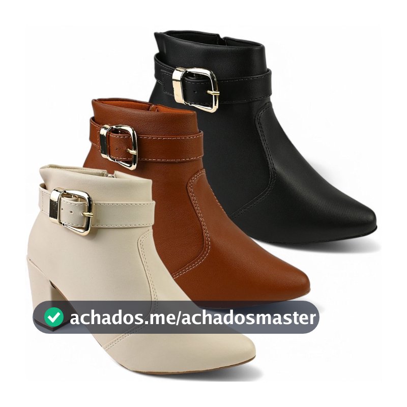 Bota Feminina com Fivela Removível Cano Curto com Ziper Salto Grosso Bico Fino Dia das Mães