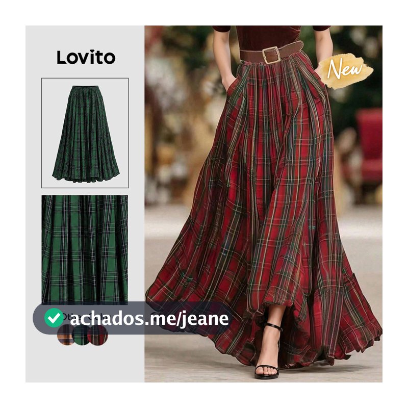 Lovito Saia Feminino Longa Plissada Xadrez Boho Em Tons De Vermelho E Verde Para Fins De Semana E Férias SKK10BR380