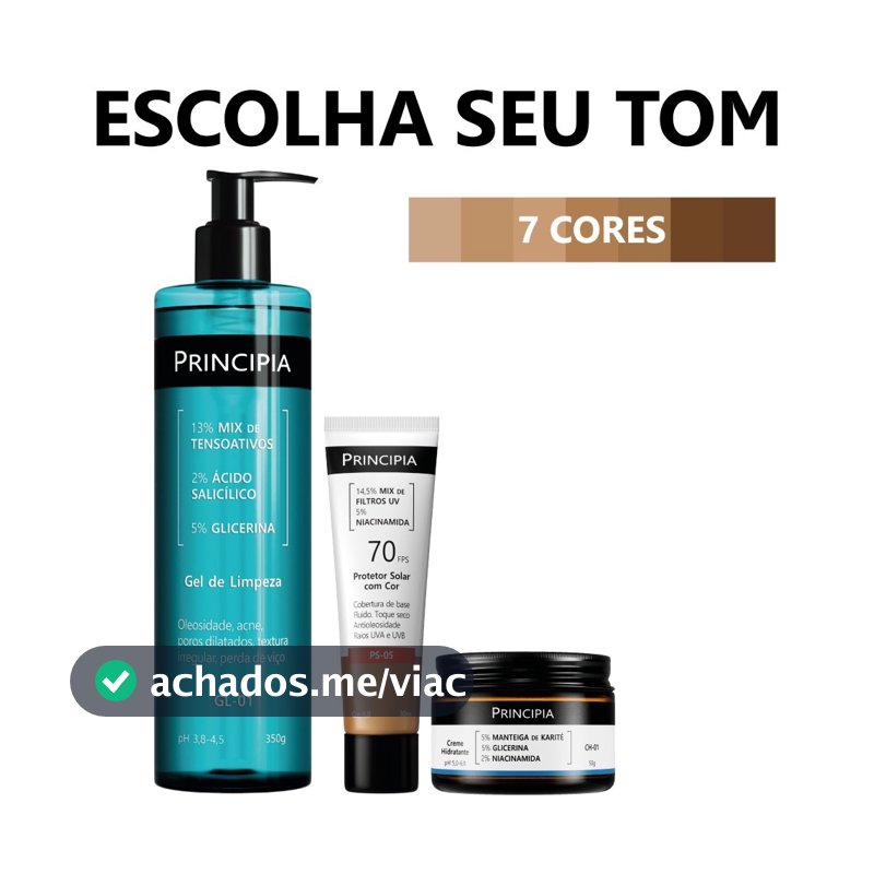 Principia Kit Limpa Hidrata e Protege c/ Gel de Limpeza GL-01 + Creme Hidratante CH-01 + Protetor Cor PS-05 FPS 70