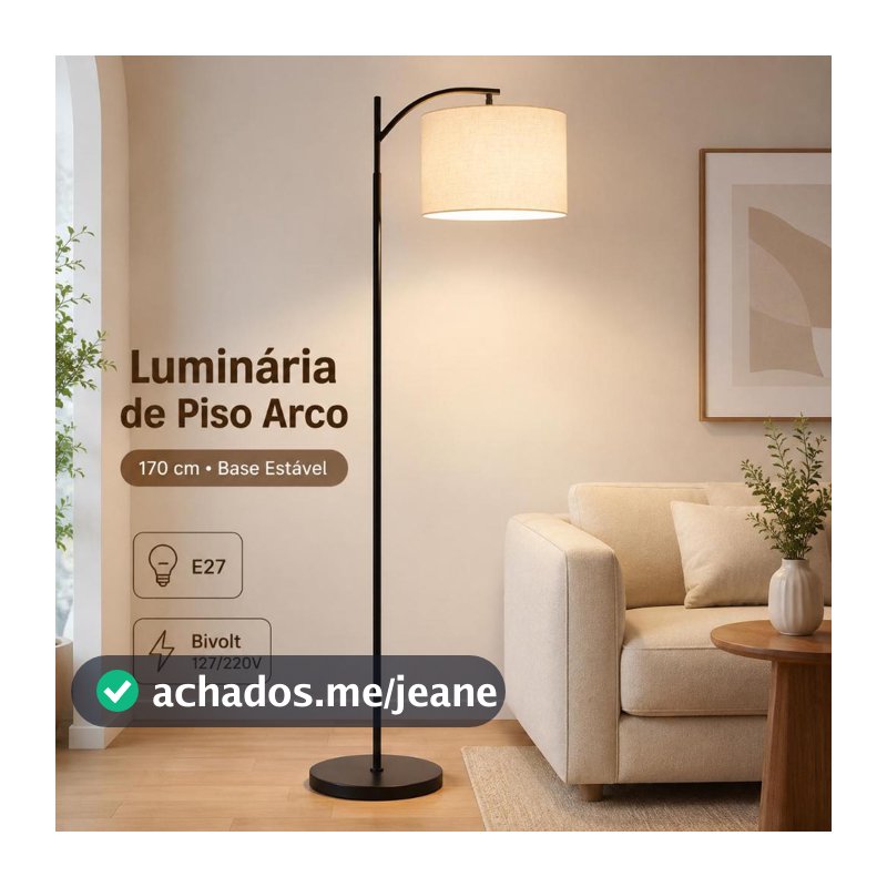 Luminária de Piso Arco Regulável 170cm Abajur de Chão com Cúpula de Linho E27 LED 6W 3 Cores Bivolt