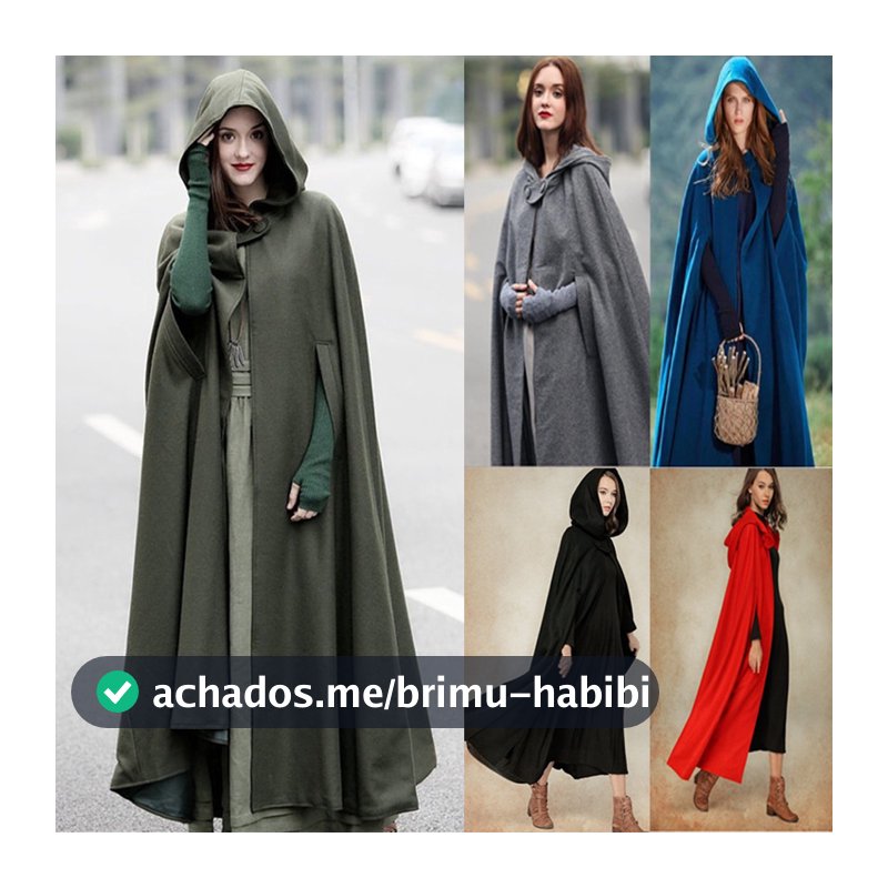 Capa Feminino Com Capuz Casaco Longo Cosplay Festa Sem Mangas Outono Inverno Sobretudos Cor Sólida