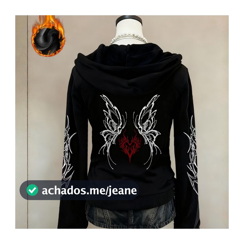 Casaco de Zíper Cyber Y2K Dark Grunge Com Capuz Estampa Tribal Moderno