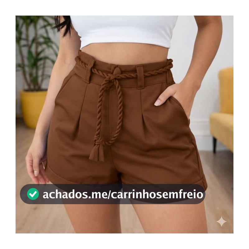 Short Alfaiataria Feminino Com Cinto Bolso e Zíper Cintura Alta