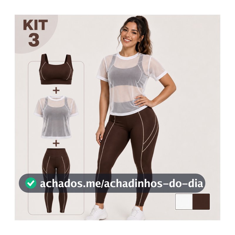 Conjunto Fitness Feminino 3 Peças Calça Legging + Top + Blusa Tule Academia Cintura Alta