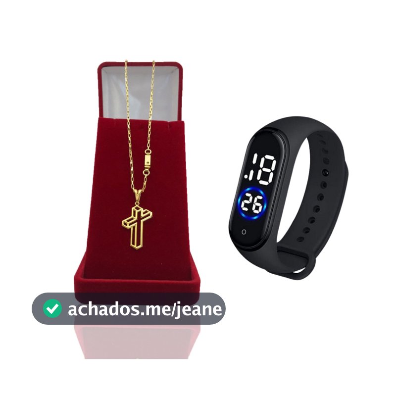 Cordão Infantil Masculino Tijolinho + Pingente "Cruz 4 D" Banhado Ouro 18k + Relógio Digital LED