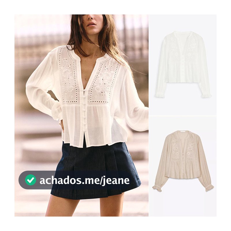 ZA Primavera Novo Estilo Gola Redonda Manga Longa Camisa Bordada Oca 8741022