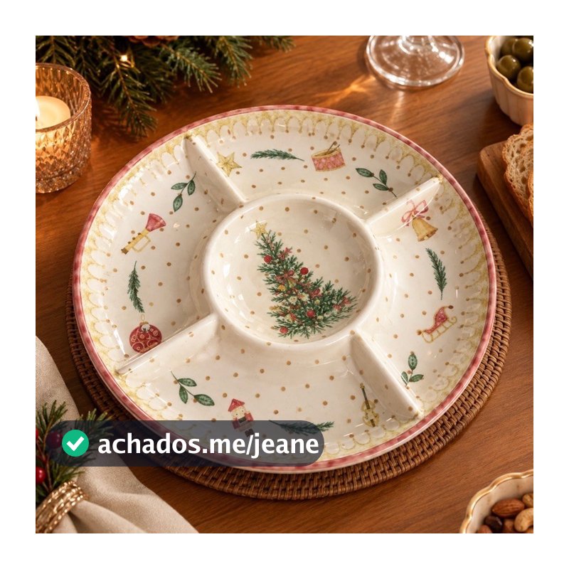 Petisqueira de Natal em Cerâmica com Divisórias | Bandeja para Aperitivos e Petiscos