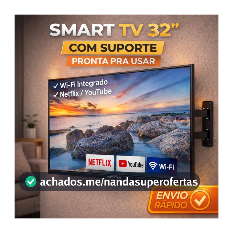 Smart TV 32" North Tech WiFi Bluetooth Netflix YouTube HDMI Tela Fina + Suporte de Parede Universal