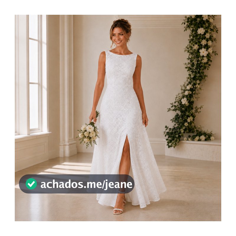 Vestido Noiva Longo Racy Modas Casamento Civil Renda Fenda Branco floral mangas Canoa Romântico, Elegante, Moderno