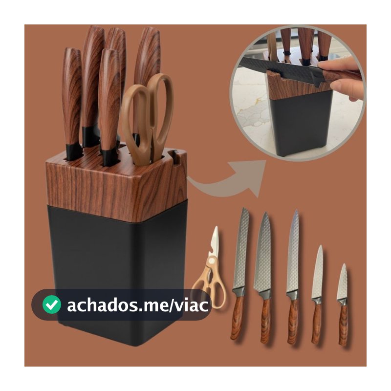 Jogo de Facas 7 Peças Aço Inox com Cepo e Tesoura Cozinha Kit Completo Faqueiro Bancada Gourmet