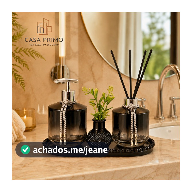 Kit Lavabo Rubi 4 Peças Vidro Preto Degradê Prata Bandeja Flor Varetas Banheiro Casa Primo Luxo