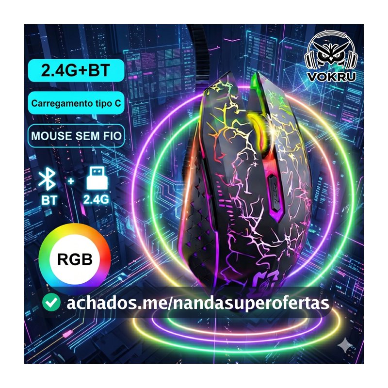 Bluetooth Mouse Sem Fio Luz De Fundo LED I RGB 2.4G Jogo De Modo Duplo 7 Cores I Para Jogos Ergonomia-6 Botões