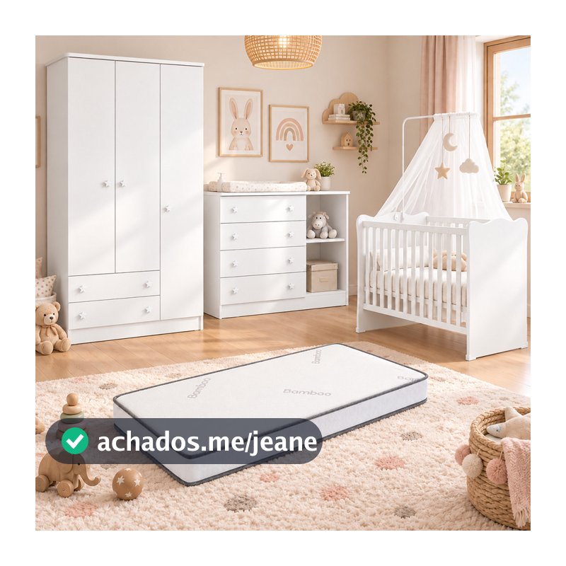 Quarto de Bebê Completo Doce Sonho com Berço Guarda Roupa 3 Portas Cômoda Sapateira e Colchão Movellu