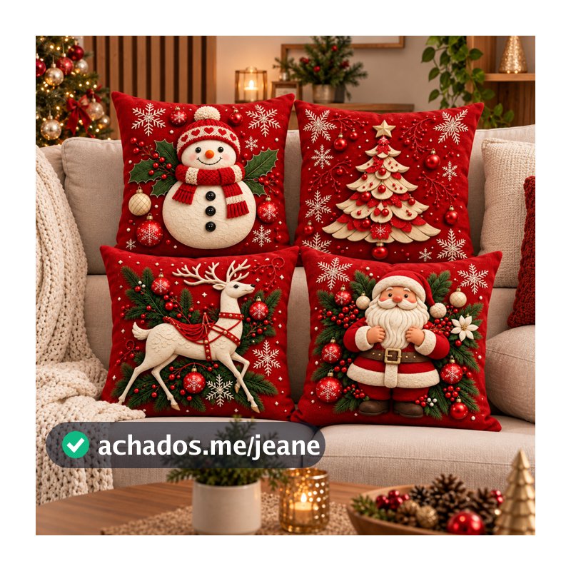 Kit 04 Capas De Almofadas 45x45cm Estampas Natalina para Decoração de Natal