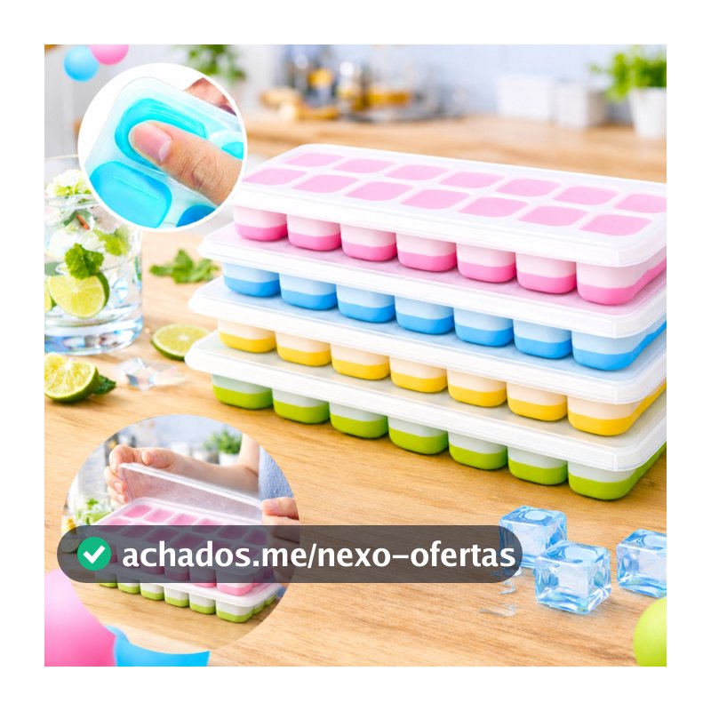 Kit 4 Formas de Gelo Silicone 14 Cubos com Tampa Rígida Fundo Flexível Desenforma Fácil Freezer