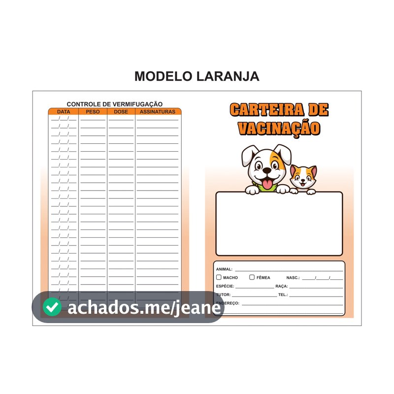 Carteirinha de  Vacinação E Vermifugação (SEM Personalização)