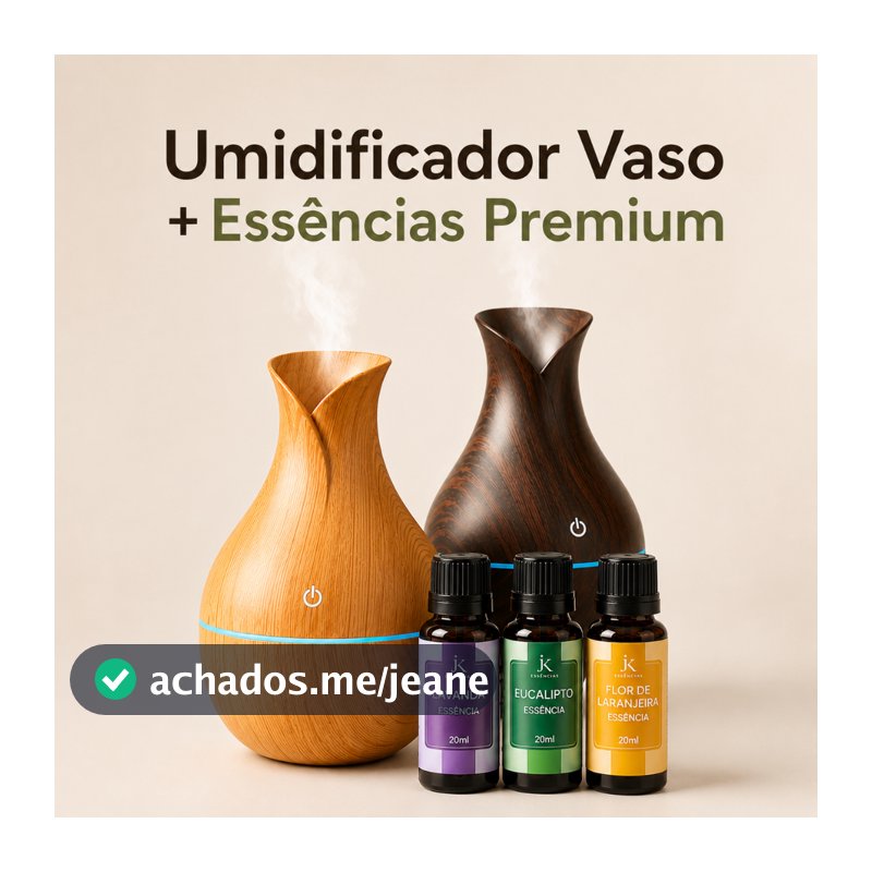 Umidificador de Ar + Essências Premium Hidrossolúvel Difusor de Aromas Relaxantes  Vaso