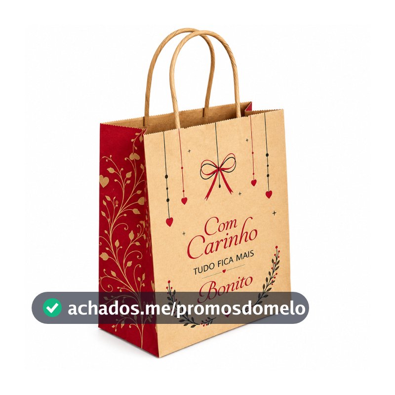 Sacola Kraft Estampada Com Carinho Tudo Fica Mais Bonito – Embalagem Presente, 10 ou 50 Unidades