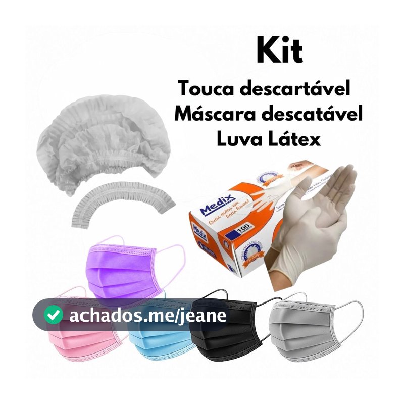 Kit 100 Touca TNT Branca + 100 Luvas Látex Com Pó + 100 Máscaras Descartáveis Com Clipe Nasal