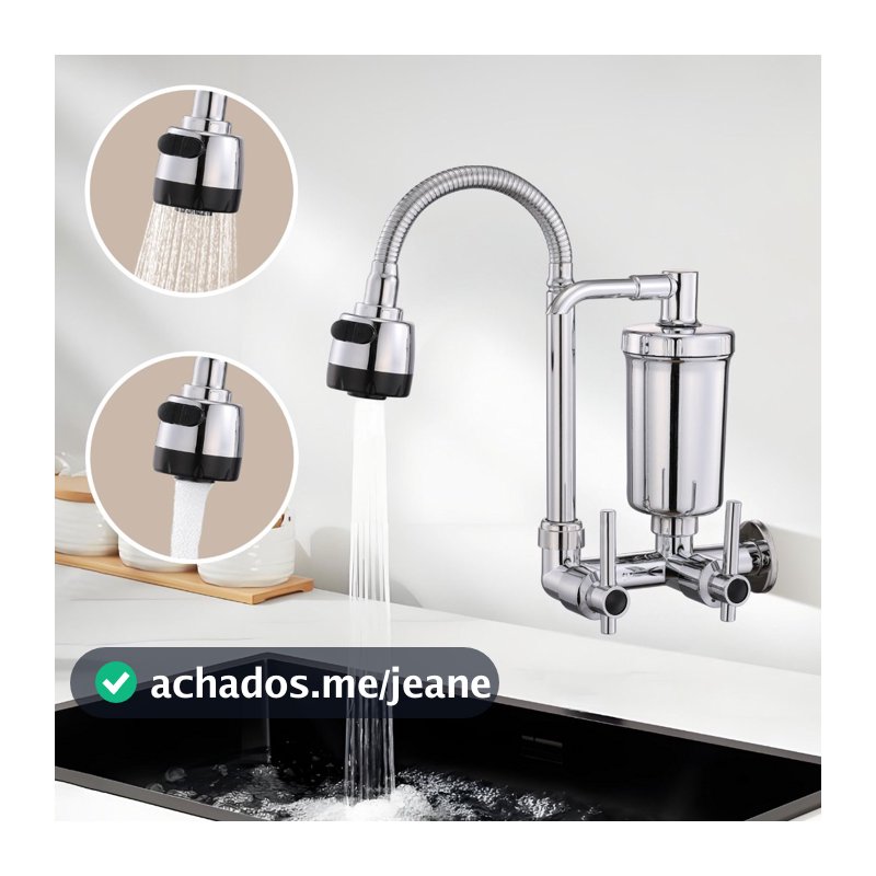 Torneira de Cozinha com Filtro Embutido Instalação de Parede, Giro 360°, Filtro Reutilizável