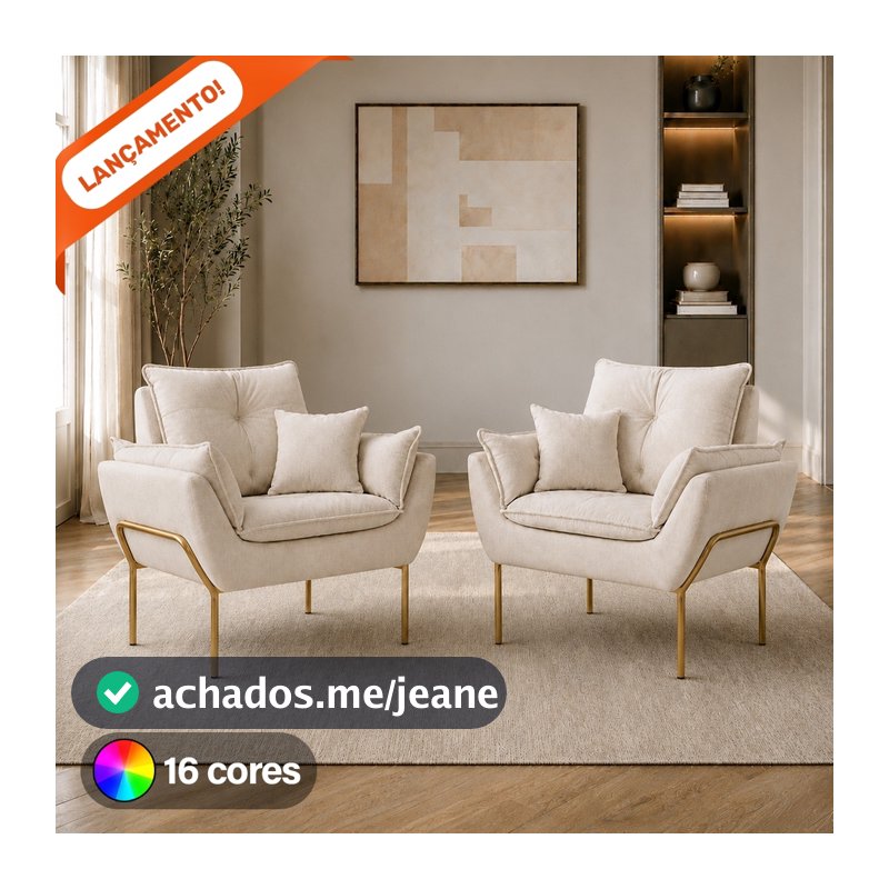 Kit 02 Poltronas Decorativa Opala Base Ferro Dourado Suede Aninha Poltronas