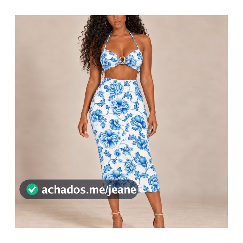 Conjunto Top e Saia Midi  VIRA VESTIDO cropped estampado inspiração Far tendência Moda VERÃO 2026