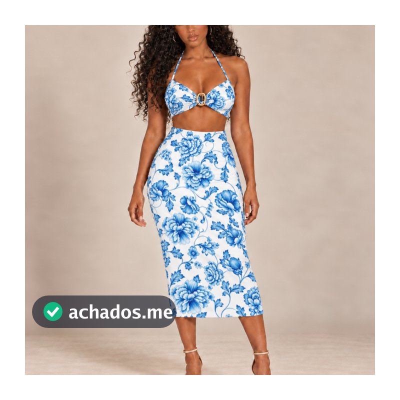 Conjunto Top e Saia Midi  VIRA VESTIDO cropped estampado inspiração Far tendência Moda VERÃO 2026