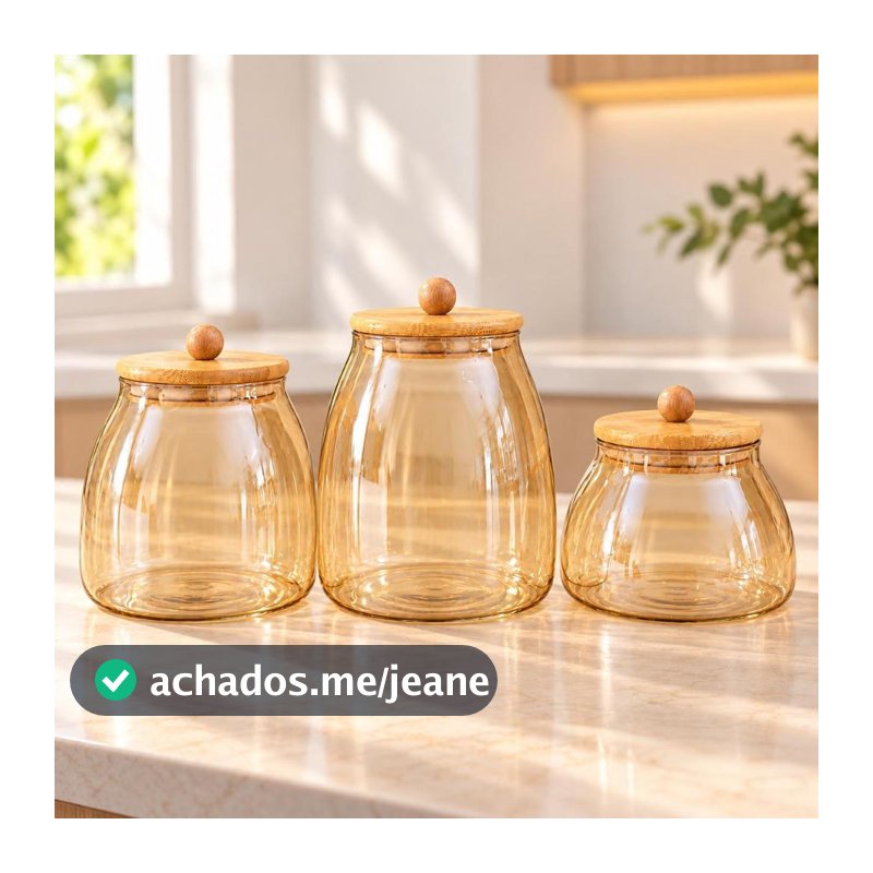 Pote âmbar de Vidro com Tampa Hermética de Bambu bolinha cozinha organizada porta temperos bolacha biscoito