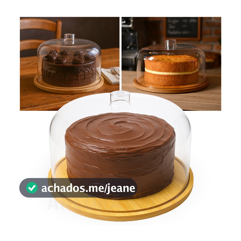 Porta Biscoitos Bolos Pão Boleira com Cúpula Tampa de Acrílico 30cm Bandeja de Bambu