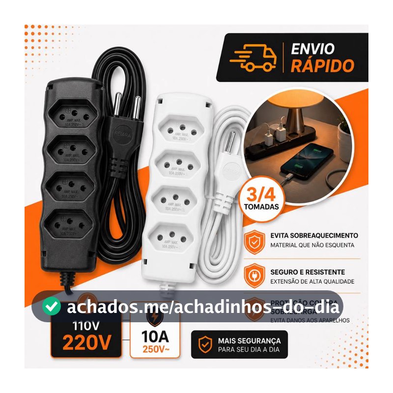 Extensão Elétrica 10A Tripolar Bivolt com Cabo Reforçado Alta Segurança e Resistência 2M 3M 5M 10M