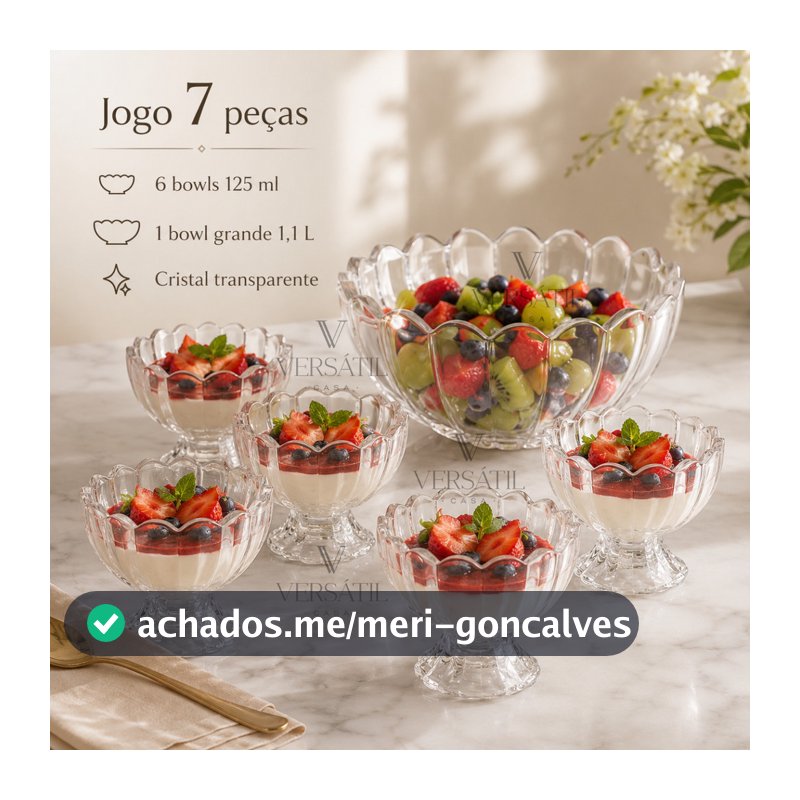 Jogo 7 Peças Wolff Sobremesa 6 Bowls 125ml e 1,1L Mesa Posta Requintada Transparente Luxo Geneva Taças