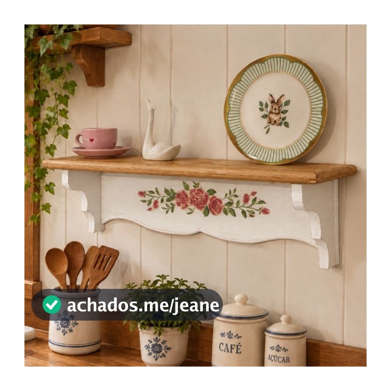 Prateleira de Parede de Madeira Rústica com Estampa Floral para Cozinha e Sala