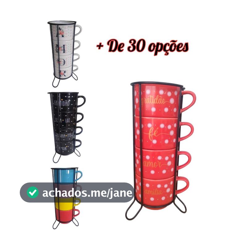 Kit Jogo 4  Xícaras Canecas Porcelana Empilhável Decoradas Café Chá presente + Suporte Metal