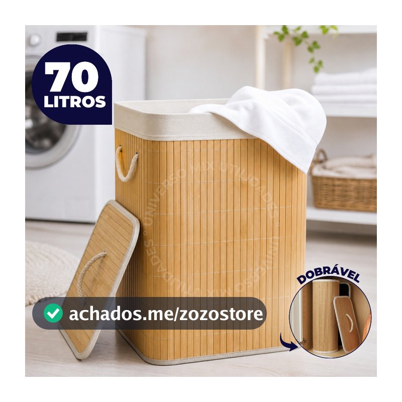 Cesto de Roupa de Bambu Dobrável Com Tampa e Alça 70 Litros Organizador Multiuso Com Forro