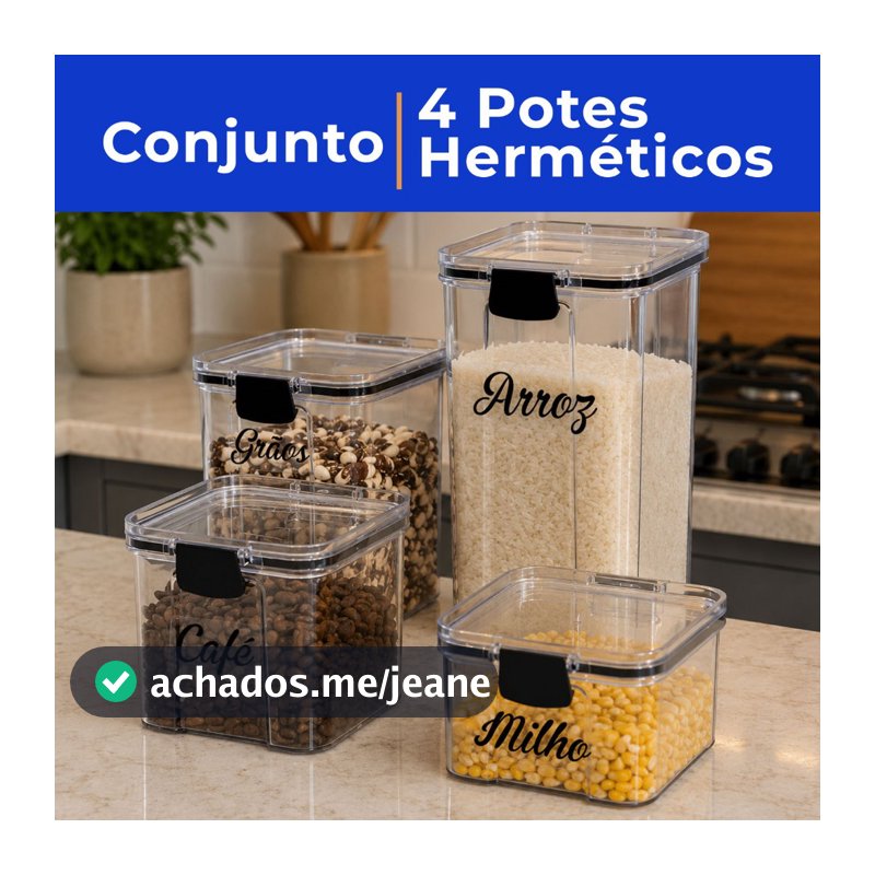 4 Potes Herméticos Empilhável com Trava e Vedação Resistente Plástico com Etiqueta