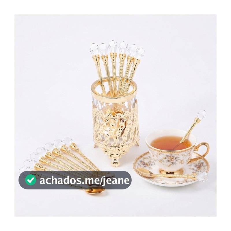 6 Colheres com Suporte Wolff de Zamac Dourada 14cm Elegante Luxo Colheres para Chá Café Sobremesa e Mesa Posta Qualidade