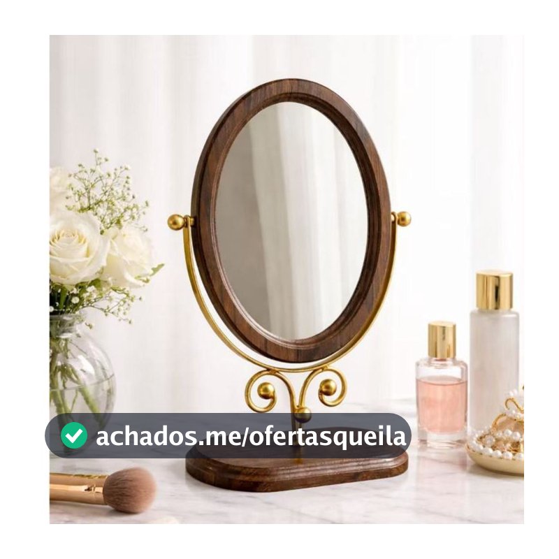 Espelho De Mesa Maquiagem Penteadeira Metal e Maderia Giratório Dourado 025-076