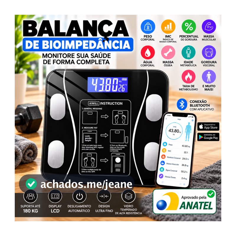 Balança Inteligente de Bioimpedância Bluetooth até 180KG