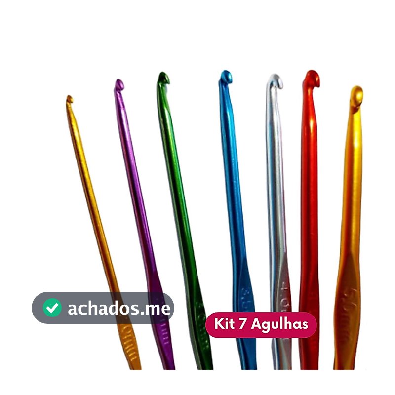 Kit 7 Agulhas de Crochê Alumínio Coloridas 2,0mm 2,5mm 3,0mm 3,5mm 4,0mm 4,5mm 5,0mm