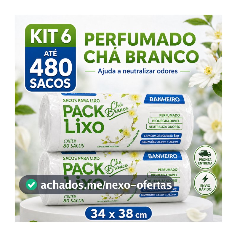 Sacos de Lixo Perfumado Chá Branco Kit Para Pia e Banheiro 34x38cm Neutraliza Odores 10L Cheiroso