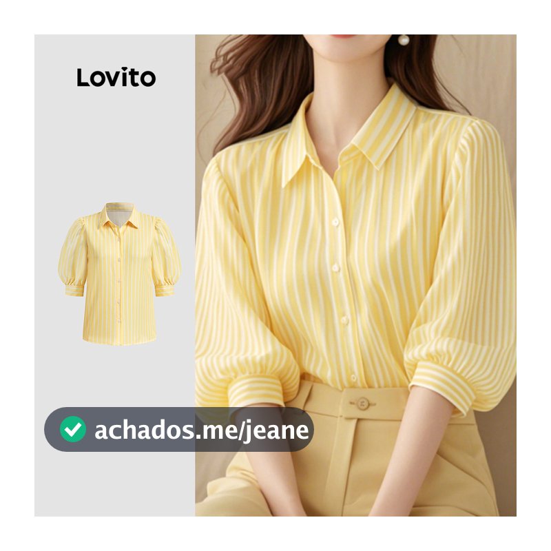 Lovito Listrada Elegante Blusa Clássica E Versátil Com Botões Na Cor Amarela Para Primavera/verão Mulher L151AD108