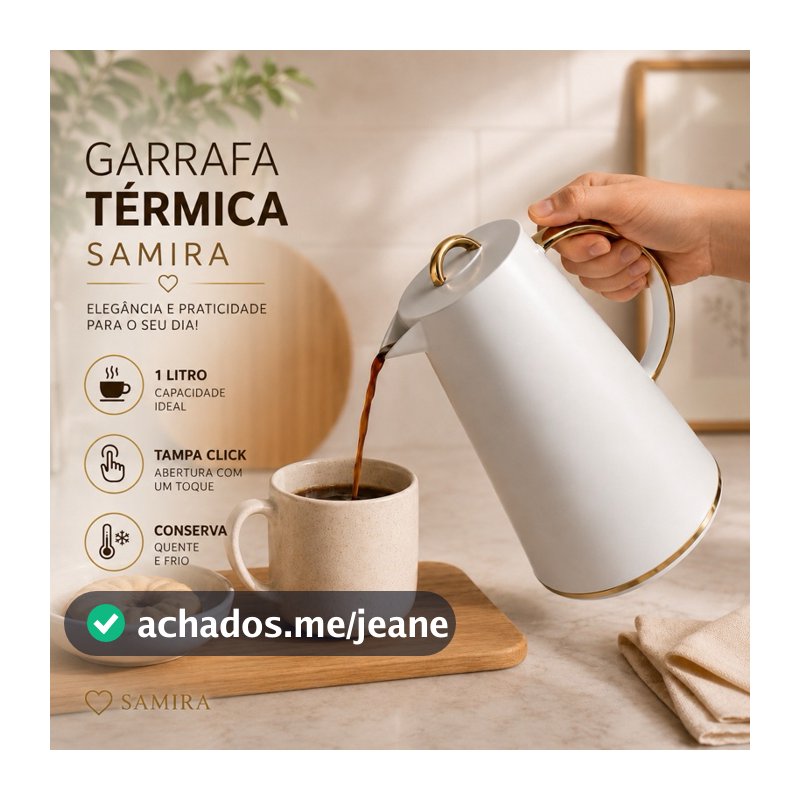 Garrafa Térmica Samira 1 Litro Branca Tampa Click Sem Vazamento Conserva Café Chá Água Quente e Fria
