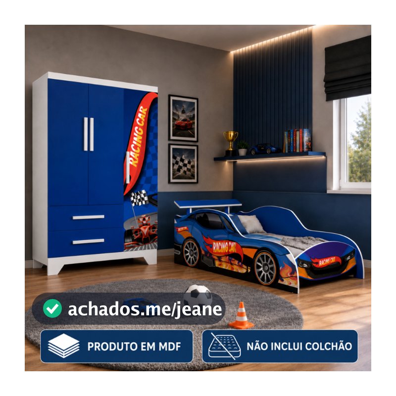 Jogo de Quarto Infantil em MDF Racing Car Azul com Cama e Guarda-Roupas