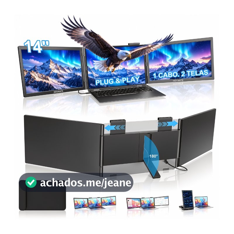 NOVANTE Extensor de Tela Duplo para Notebook 14" 2 Telas FHD 1080P IPS Monitor Portátil USB‑C Compatível Windows Mac