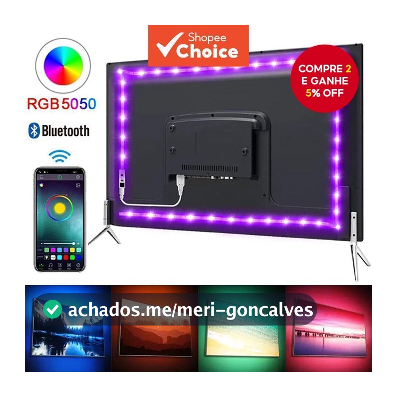 Fita de LED RGB 5050 com Controle Bluetooth, Aplicativo, Luz de Fundo para TV, Fita Flexível, USB 5V, Luz LED para