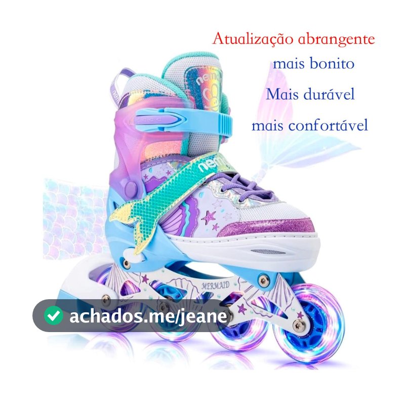Patins Inline Ajustável Infantil Roller 4 Rodas Reto Roxo Sereia Meninas Com Led Presente Criancas