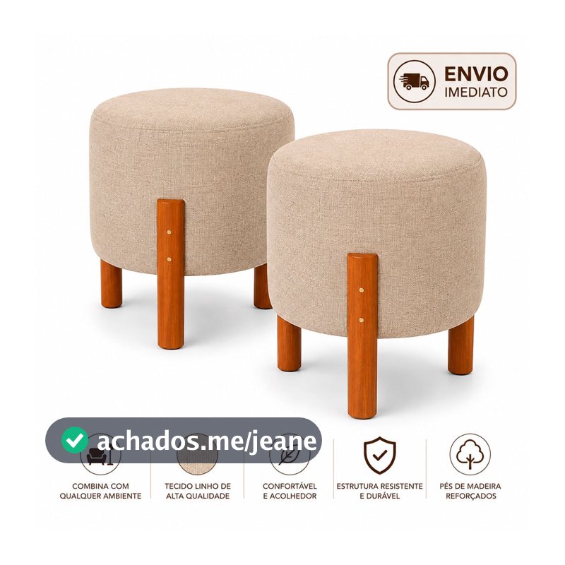 Kit 2 Puffs Redondos Decorativos com Pés de Madeira Linho Bege para Sala Quarto e Penteadeira