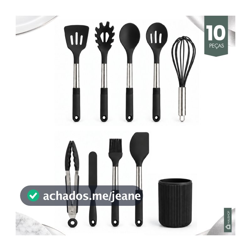 Kit Utensílios Cozinha 10 Peças Silicone Cabo Inox Grande Premium com Suporte: Não Enferruja Resistente Haushop Completo