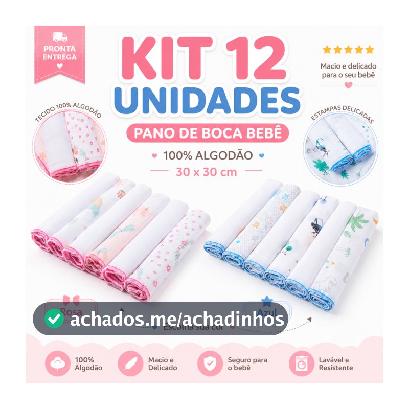 12 Unidades Pano de Boca Bebe Fralda de Boca Babete 100% Algodão 30cm x 30cm